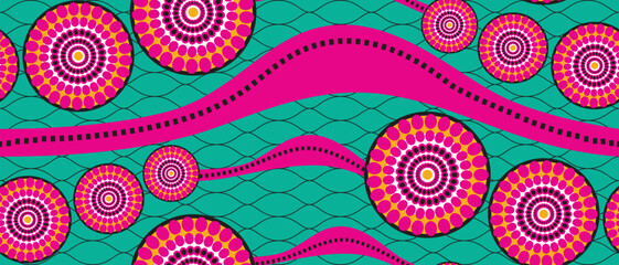 African ethnic traditional blue pattern. seamless beautiful Kitenge, chitenge, Ankara style. fashion design in colorful. Geometric pink circle and curvy wave abstract motif. African wax prints