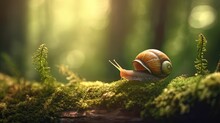 A Detailed Description Of A Snail Carrying Its Shell While Crawling On A Mossy Tree Branch In A Forest Illustrations, Ai Art