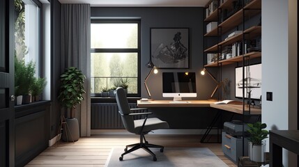 Modern small office with chair and desk, interior. Where it's good to work