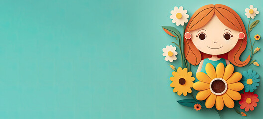 Wall Mural - Papercut Illustration of birthday banner with floral background for kids 