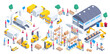 isometric vector illustration on a white background, people work on with cargo and transport carrying cargo and line with robots, shelves with boxes and canisters and pallets, warehouse work