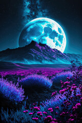 Wall Mural - Fields of lila flowers on alien planet world ,made with Generative AI