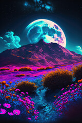 Wall Mural - Fields of lila flowers on alien planet world ,made with Generative AI