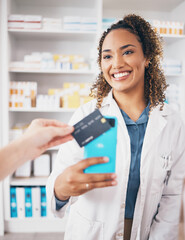 Aufkleber - Woman, pharmacy and credit card payment with phone, shopping or fintech for healthcare deal at store. Pharmacist, digital customer experience or ecommerce for medical product at shop with pos machine