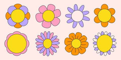 Poster - Groovy retro set cartoon flowers. Trendy sticker plants pack in psychedelic style 60s, 70s. Vector illustration