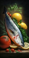 Wall Mural - Vegetables, fish, lemons, and tomatoes Generative AI