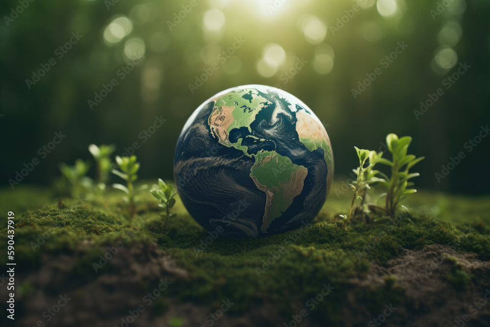 Illustration Stock Planet earth in green grass on a nature background ...