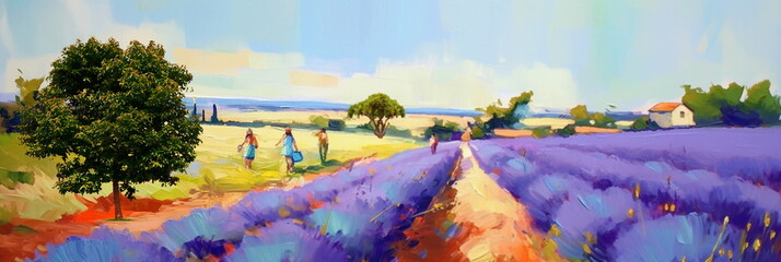 wild field  lavender and poppy flowers field on horizon woman walk,blue  sunny sky and sea on horizon ,nature landscape  impressionism paint oil fine  art  abstract  banne,generated ai