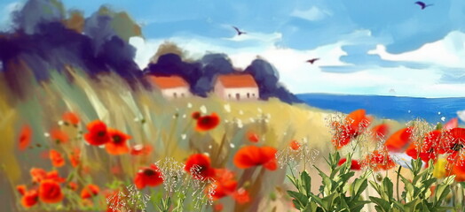 wild field  lavender and poppy flowers field on horizon woman walk,blue  sunny sky and sea on horizon ,nature landscape  impressionism paint oil fine  art  abstract  banne,generated ai