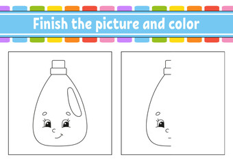 Canvas Print - Finish the picture and color. cartoon character isolated on white background. For kids education. Activity worksheet. Vector illustration.