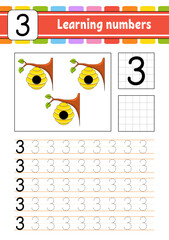 Wall Mural - Trace and write numbers. Handwriting practice. Learning numbers for kids. Education developing worksheet. Activity page. Vector illustration.