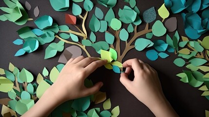 Wall Mural - Hands planting paper art tree seedlings. Generative AI