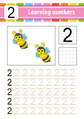 Wall Mural - Trace and write numbers. Handwriting practice. Learning numbers for kids. Education developing worksheet. Activity page. Vector illustration.