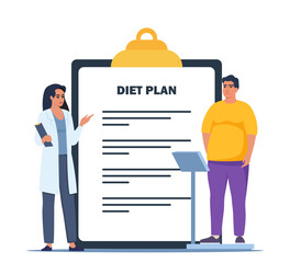 Fat man standing on weigh scales. Doctor explain about health and how to loose weight, Diet plan for obese patient, fat control instruction, diabetes patient, control calories, sports. Vector.