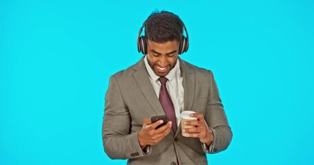 Aufkleber - Phone, headphones and business man with green screen in studio isolated on blue background mockup. Face portrait, coffee and happy Indian person streaming music with marketing or product placement.