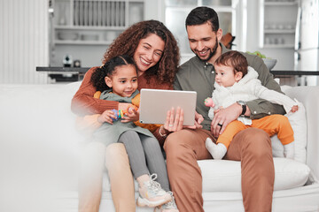 Poster - Happy family on couch with tablet, children and bonding, streaming service for child development video with mockup space. Mother, father and kids on sofa, happiness and smile in digital entertainment