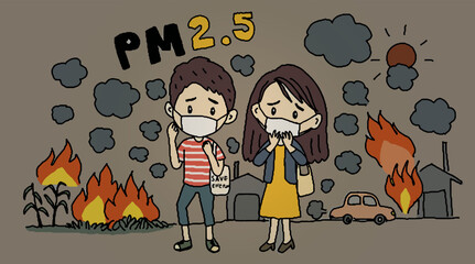 Boy and girl wearing mask. Young people wear protect face masks, outdoor PM 2.5 air pollution and breath protection, Drawing style vector illustration