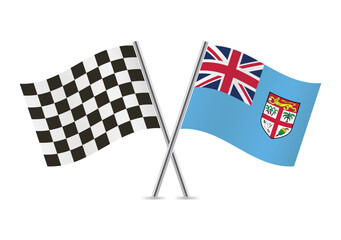 Checkered (racing) and Fiji crossed flags, isolated on white background. Vector icon set. Vector illustration.