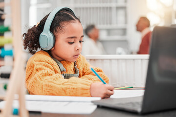 Canvas Print - Headphones, elearning and kid writing in home for online class, homeschool and homework. Laptop, education and development of girl studying, distance learning and knowledge, notes and growth in house