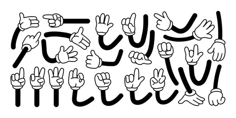 cartoon hands in gloves. funny retro mascot hand gestures and comic vintage arm character in express