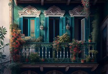 A Painting Of A Balcony With Flowers And Plants Growing On The Balconies Of A Building With Green Shutters And Green Shutters.  Generative Ai