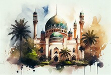 Beautiful Muslim Mosque Watercolor Illustration. Generative AI