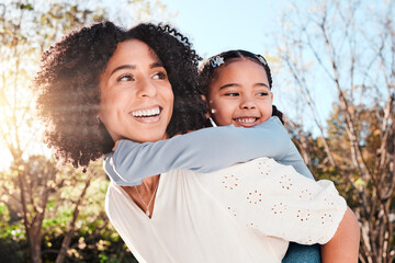 Poster - Family, mother and piggyback child in outdoor love, care and playing games for fun in backyard. Smile of woman carrying girl kid in nature to relax together in summer with a hug for support or trust