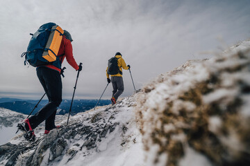 hiking and trekking in winter mountains. adventure on a hiking trail, using backpack and trekking po