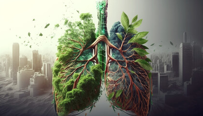 green lung with air pollution of city , generative ai