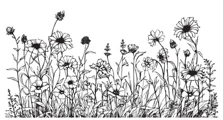 Wall Mural - Wild flower field border hand drawn sketch in doodle style illustration