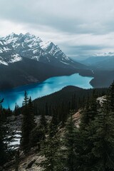 Wall Mural - Beautiful view of a snowy mountain against a cloudy sky with a lake in the foreground