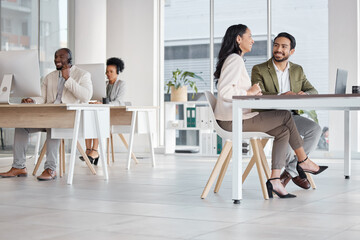 Poster - Call center, office and business people talking, speaking or communication in workplace. Telemarketing, happiness and group, man and woman or consultants in discussion for customer support in company