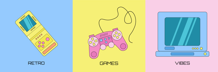 Poster - Set of three retro gaming elements, game console, gamepad and old fashioned computer monitor on a colorful background.