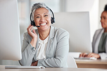 Aufkleber - call center, portrait and happy woman agent, consultant or indian worker in telemarketing service or