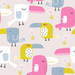 Cute colorful toucans seamless pattern. Childish print with birds. Vector hand drawn illustration.