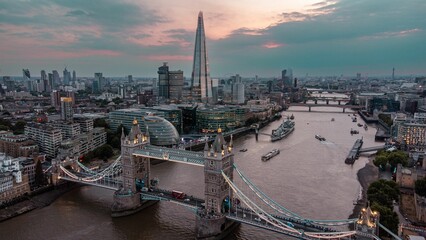 Canvas Print - Aerial shot of the Tower Bridge over river Thames at sunset