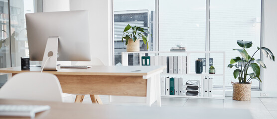 Aufkleber - Empty office, interior and computer on desk in workplace, company or workspace. Room, desktop and table with corporate furniture, plants and window with modern design for business with nobody.