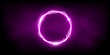 Magic Purple Ring Of Thunder Storm Blue Lightnings. Magic And Bright Light Effects Electric Circle. Round Plasma Frame With Thunderbolt Electricity Lightning Power Effect On Fog Background