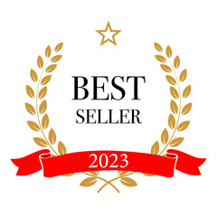 Wall Mural - best seller emblem, badge with wreath of laurel leaves frame, golden star and 2023 text on red ribbo