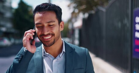 Poster - Phone call, answer and man in city with online, business conversation and networking on voip mobile app. Happy Asian person with travel feedback, career communication and walking on urban sidewalk