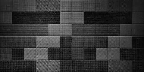 Wall Mural - dark black modern stylish texture of graphical tile background contains dots, lines, stripes, oblique pattern. repeating geometric tiles, close up view, for rustic and industrial decoration.