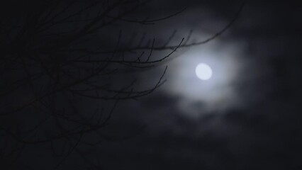 scenic view of the moon shining between fluffy clouds in the dark sky at nighttime