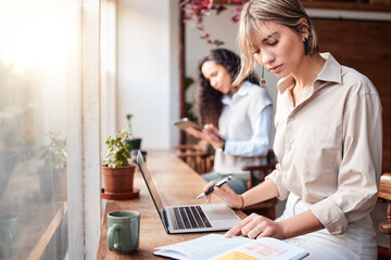 Poster - Cafe, writing and planning women on laptop for remote work, online business or internet project with notebook. Focus, serious and customer or person coworking in coffee shop with computer research