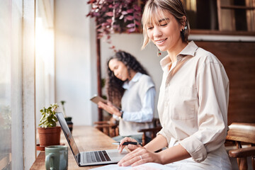 Poster - Cafe, remote work and women on laptop planning, typing and writing for online business, job or internet project. Happy customer or person coworking in coffee shop or cafeteria on computer research