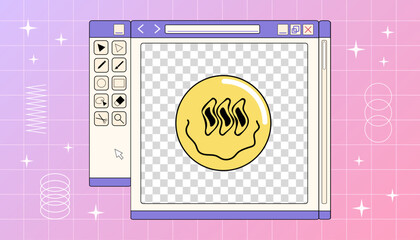 Poster - A computer window of retro graphic redactor with smiling face on a gradient background, vector Y2K illustration.