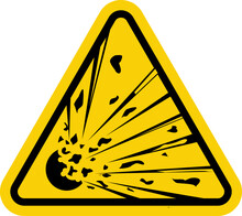 Explosive Materials Sign. Explosives Warning Sign. Yellow Triangle Sign With An Explosion Icon Inside. Caution, Explosive Material. Life Threatening.