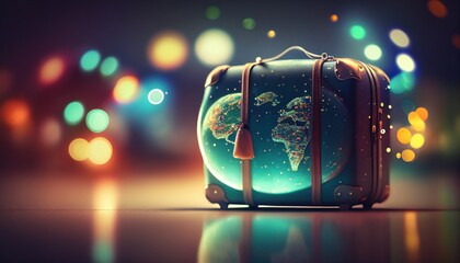 Traveler's luggage with world map