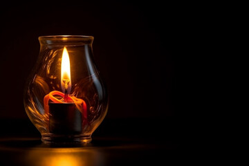 Burning candle in a glass beaker, on an isolated black background. Generative AI