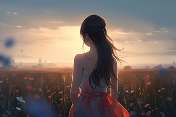 Wall Mural - anime style illustration, beautiful scenery with back side portrait of a pretty long hair girl with flower blossoming in spring time, Generative Ai