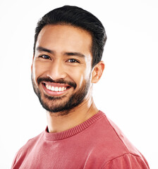 Poster - Happy, headshot and portrait of an Asian man with a smile isolated on a white background in a studio. Relax, content and face of a model smiling, looking confident and attractive on a backdrop